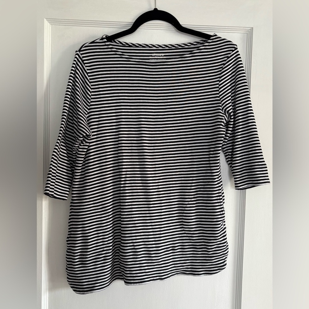 Chico's Black and White Striped Tunic Top Size Medium Petite